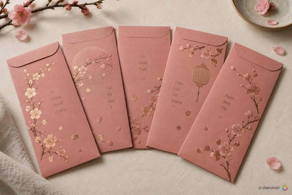 Lì xì hồng họa tiết hoa đào — ảnh minh họa có bản quyền Vĩnh Phát