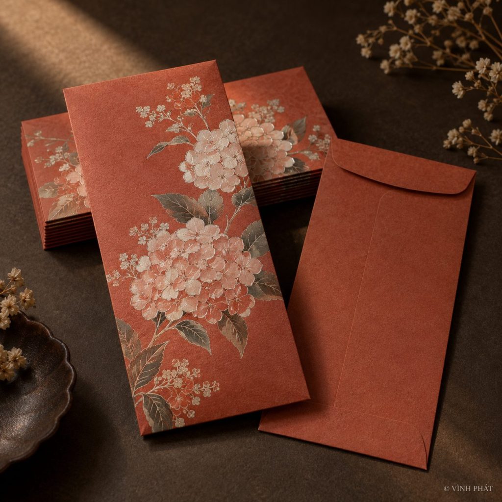Ảnh minh họa bao lì xì truyền thống hay hiện đại, in vĩnh phát đều đáp ứng; thiết kế giấy và ép kim có bản quyền Vĩnh Phát