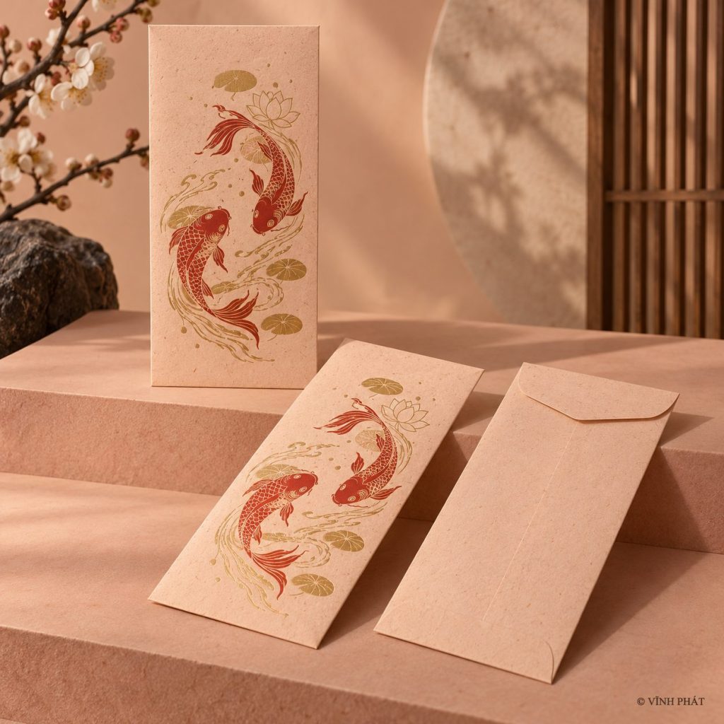 Ảnh minh họa vĩnh phát: xưởng in bao lì xì giá tốt - bao đỏ tặng đối tác khách hàng cuối năm; thiết kế giấy và ép kim có bản quyền Vĩnh Phát