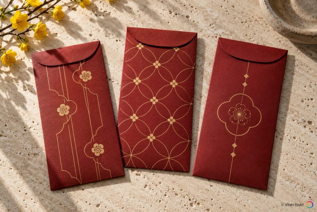Lì xì burgundy họa tiết hình học — ảnh minh họa có bản quyền Vĩnh Phát