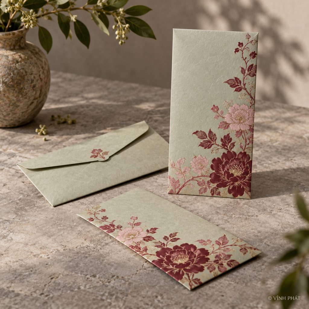 Ảnh minh họa in bao lì xì giá rẻ tại quận gò vấp; thiết kế giấy và ép kim có bản quyền Vĩnh Phát