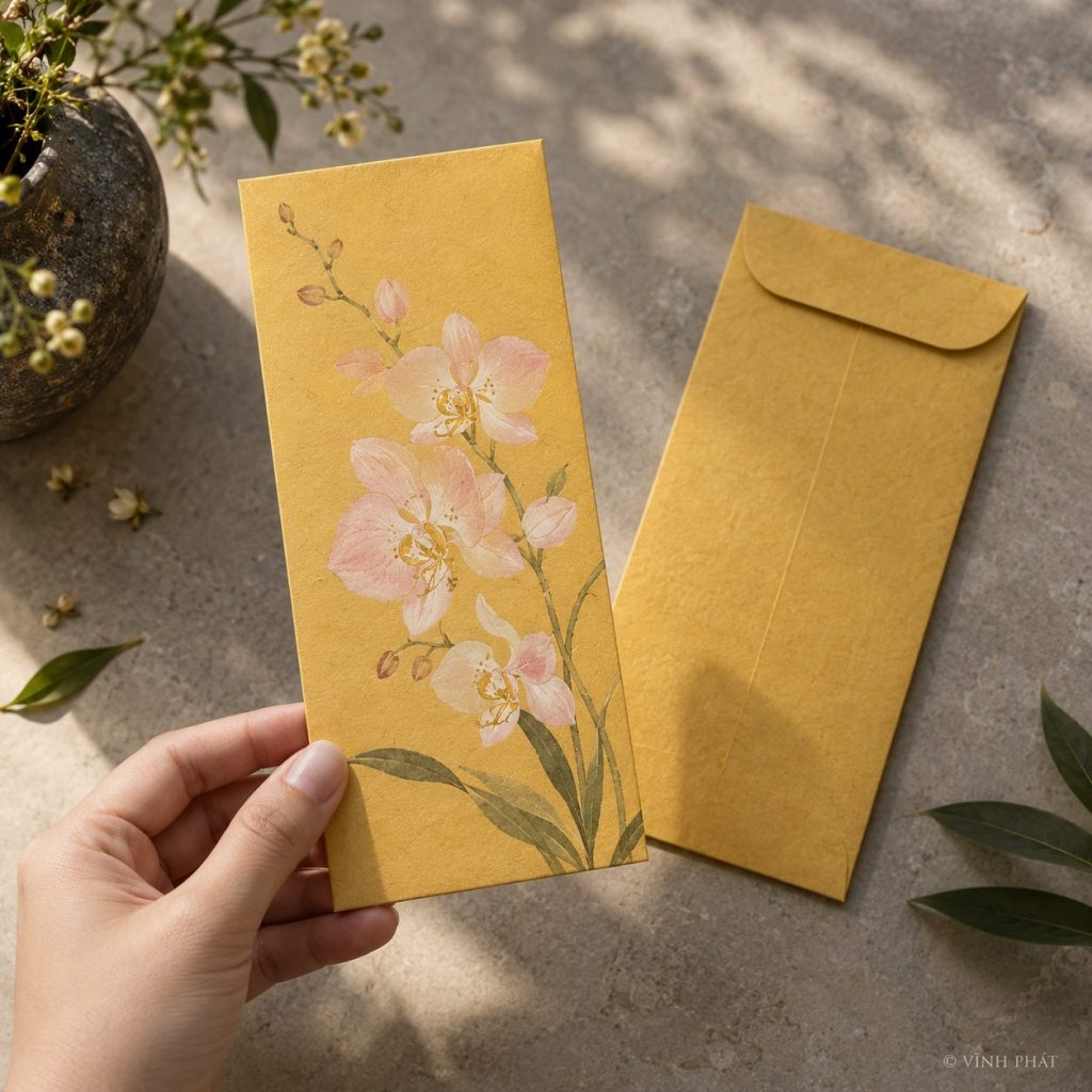 Ảnh minh họa vĩnh phát in bao lì xì giá rẻ, không lo về chi phí; thiết kế giấy và ép kim có bản quyền Vĩnh Phát