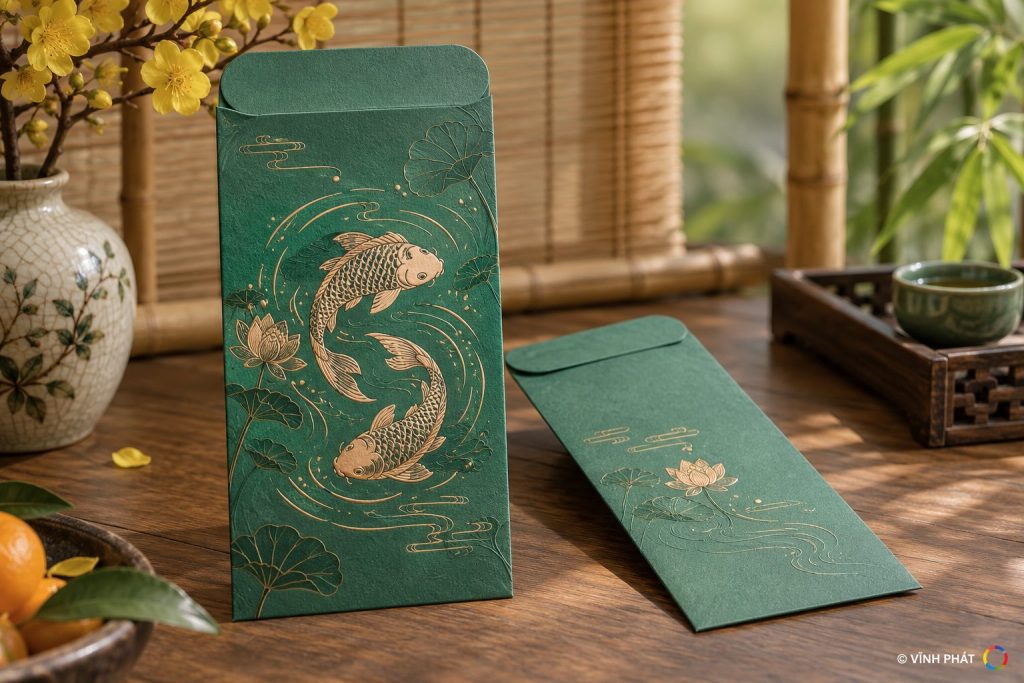 Lì xì xanh ngọc họa tiết cá chép — ảnh minh họa có bản quyền Vĩnh Phát
