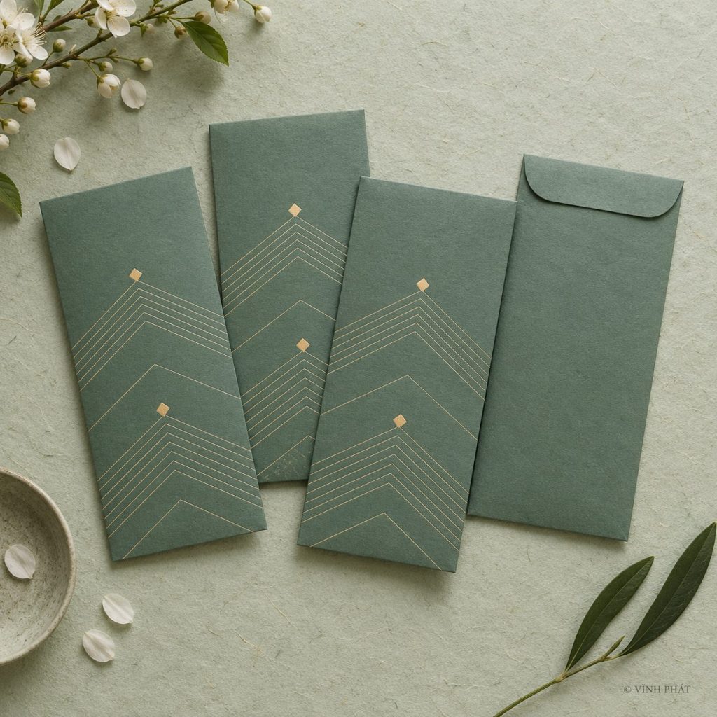 Ảnh minh họa in vĩnh phát: bao lì xì thiết kế riêng, thể hiện đẳng cấp doanh nghiệp; thiết kế giấy và ép kim có bản quyền Vĩnh Phát