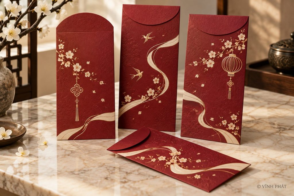 Bao lì xì đỏ rượu họa tiết dải lụa — ảnh minh họa có nhận diện Vĩnh Phát