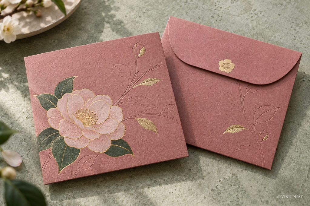 Bao lì xì hoa trà hồng pastel — ảnh minh họa có nhận diện Vĩnh Phát