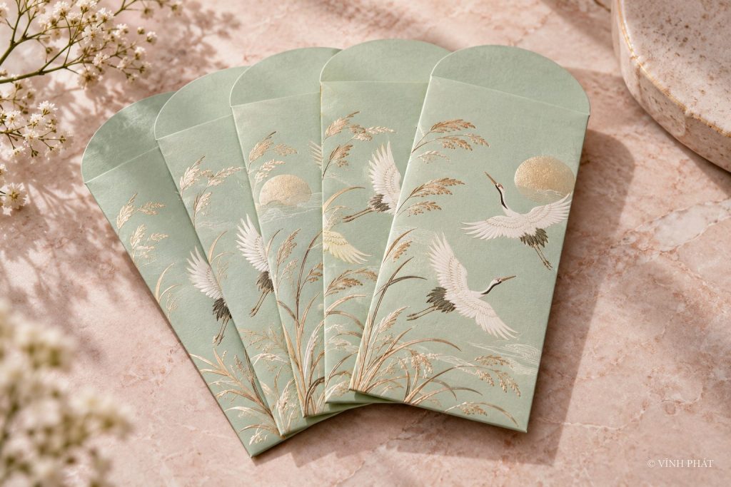 Bao lì xì hạc trắng xanh mint — ảnh minh họa có nhận diện Vĩnh Phát