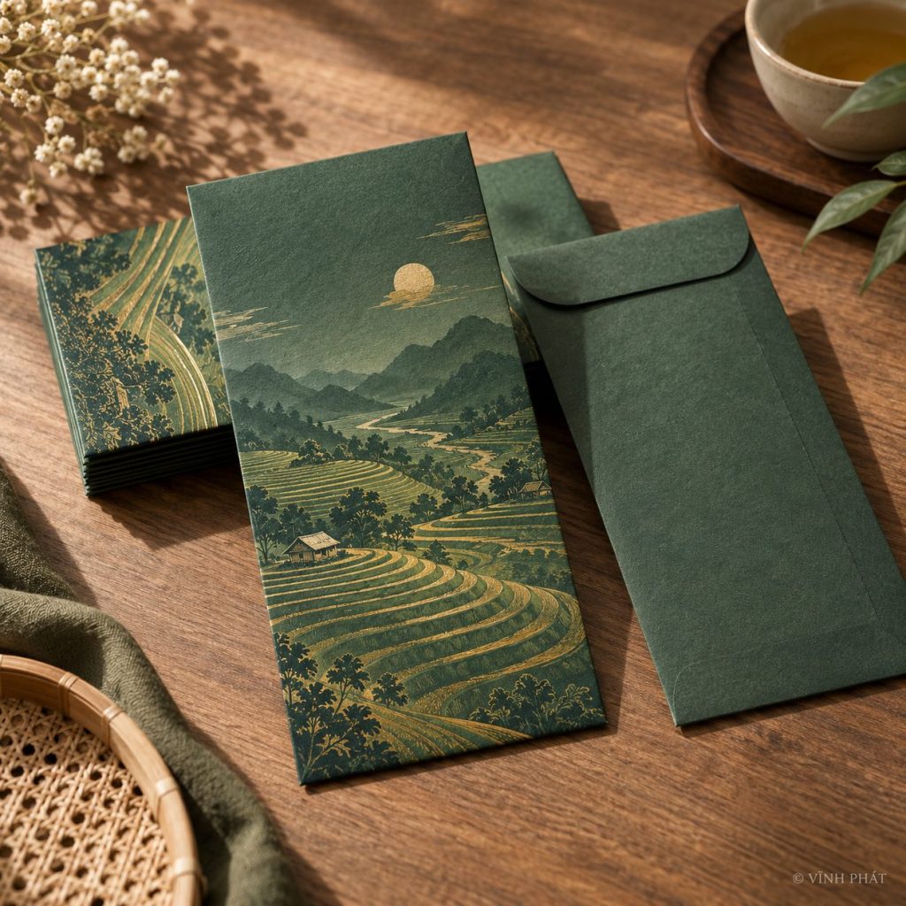 Ảnh minh họa bao lì xì phong thủy, mang lại tài lộc cho gia chủ tại in vĩnh phát; thiết kế giấy và ép kim có bản quyền Vĩnh Phát