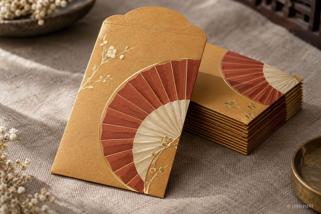 Bao lì xì vàng đất họa tiết quạt — ảnh minh họa có nhận diện Vĩnh Phát
