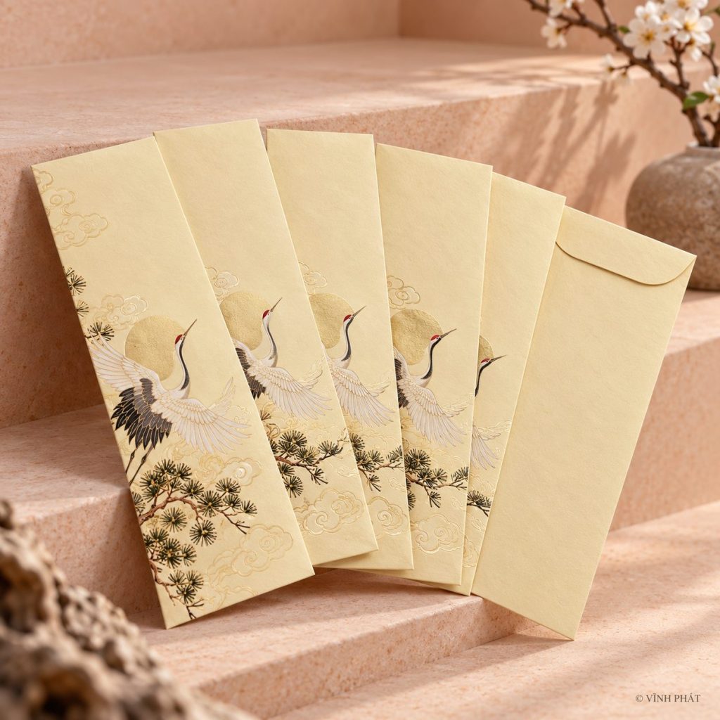Ảnh minh họa in bao lì xì tại tphcm; thiết kế giấy và ép kim có bản quyền Vĩnh Phát