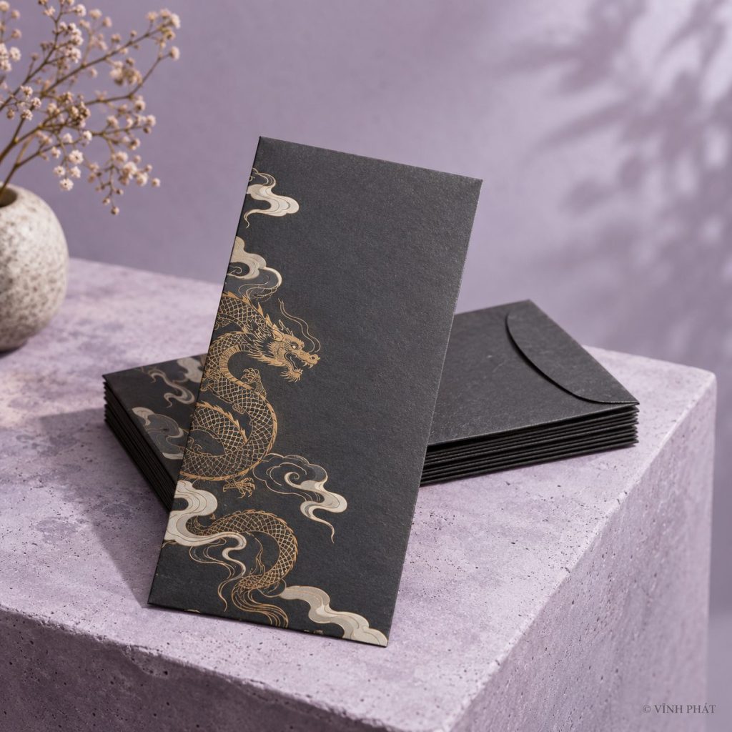 Ảnh minh họa in bao lì xì giá rẻ tại quận 8; thiết kế giấy và ép kim có bản quyền Vĩnh Phát