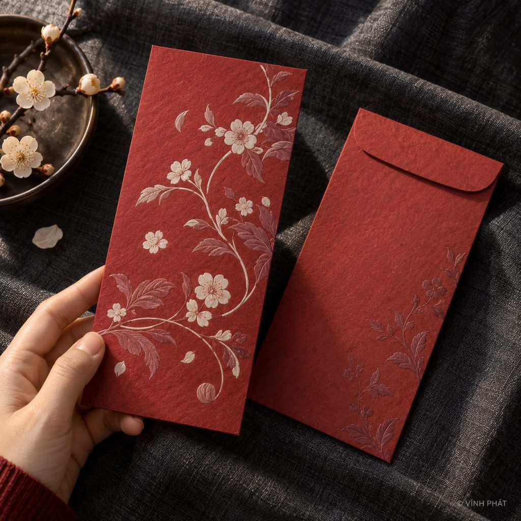 Ảnh minh họa tự thiết kế bao lì xì, in ấn theo yêu cầu tại in vĩnh phát; thiết kế giấy và ép kim có bản quyền Vĩnh Phát
