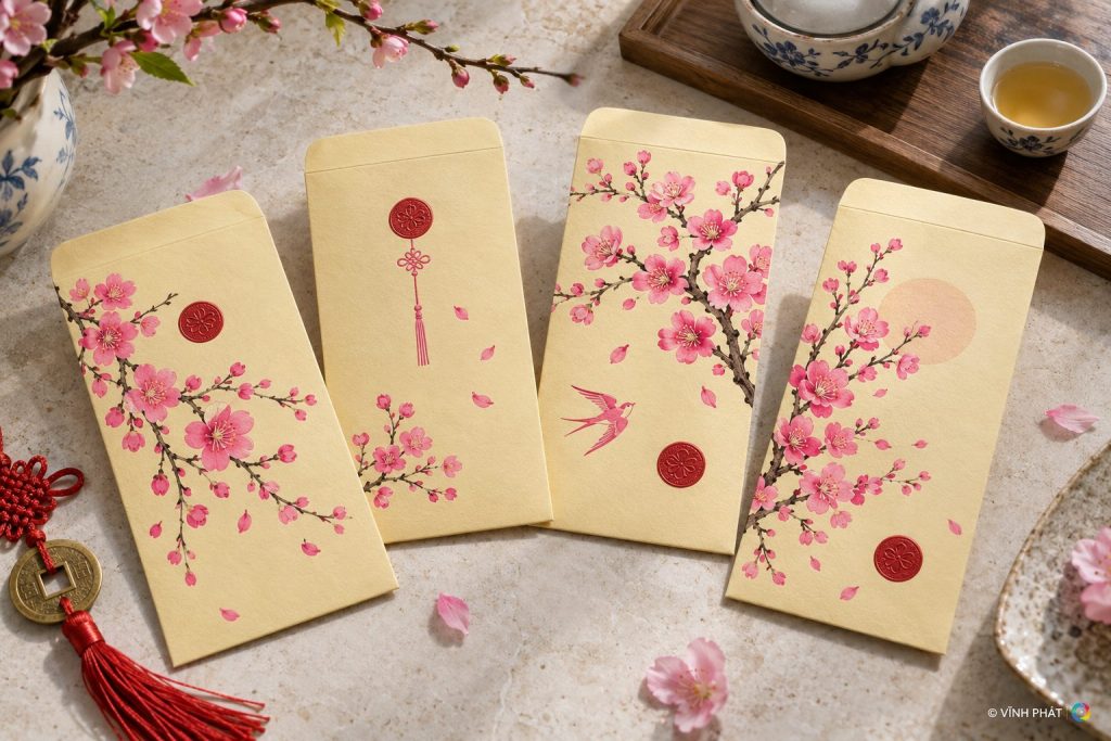Lì xì vàng pastel họa tiết hoa — ảnh minh họa có bản quyền Vĩnh Phát
