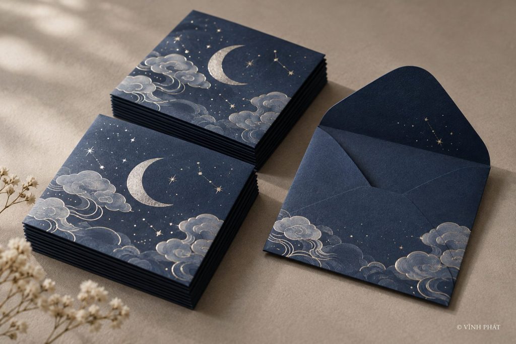 Bao lì xì trăng bạc xanh chàm — ảnh minh họa có nhận diện Vĩnh Phát