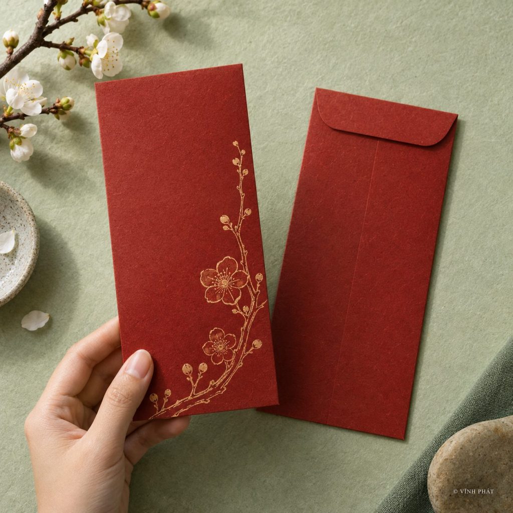 Ảnh minh họa in bao lì xì giá rẻ; thiết kế giấy và ép kim có bản quyền Vĩnh Phát