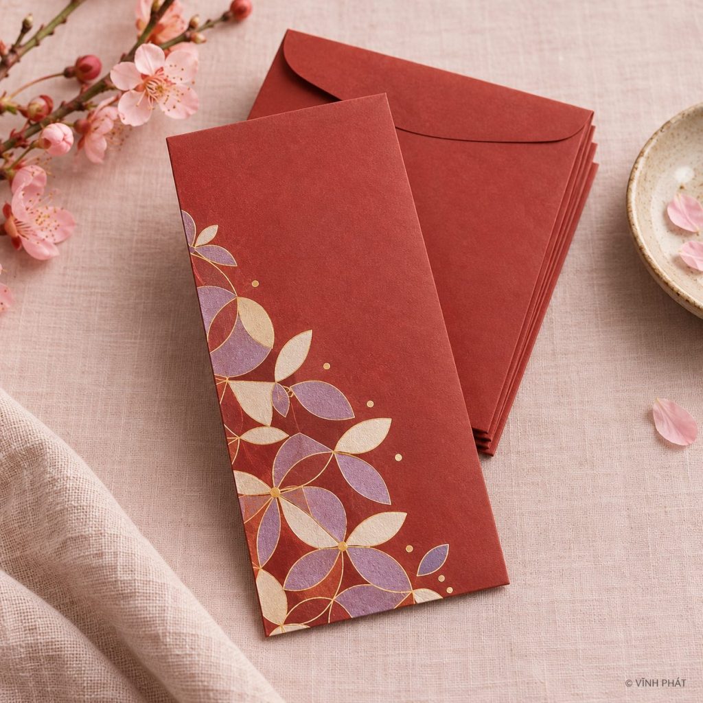 Ảnh minh họa in bao lì xì giá rẻ tại quận bình thạnh; thiết kế giấy và ép kim có bản quyền Vĩnh Phát