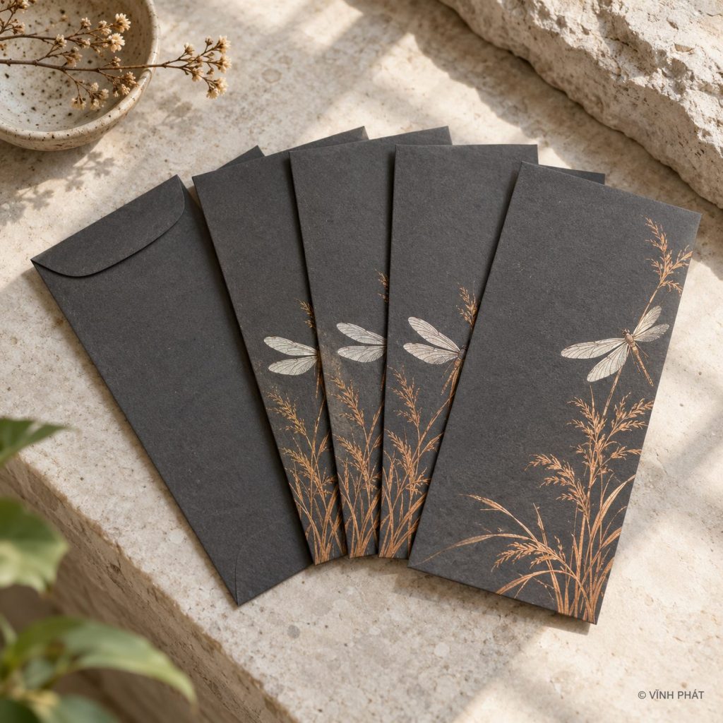 Ảnh minh họa in bao lì xì giá rẻ tại cần thơ; thiết kế giấy và ép kim có bản quyền Vĩnh Phát