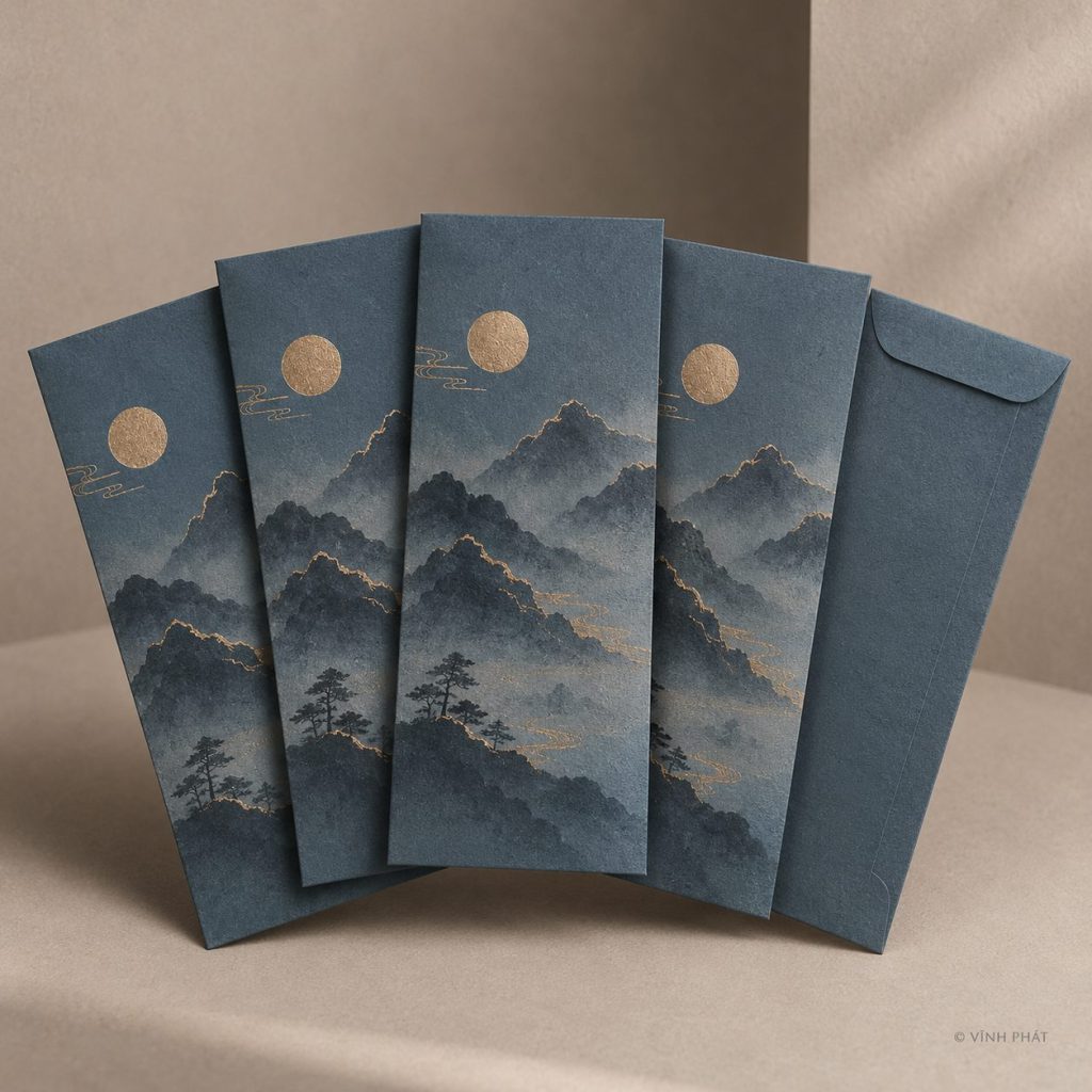Ảnh minh họa bao lì xì handmade, độc quyền chỉ có tại in vĩnh phát; thiết kế giấy và ép kim có bản quyền Vĩnh Phát