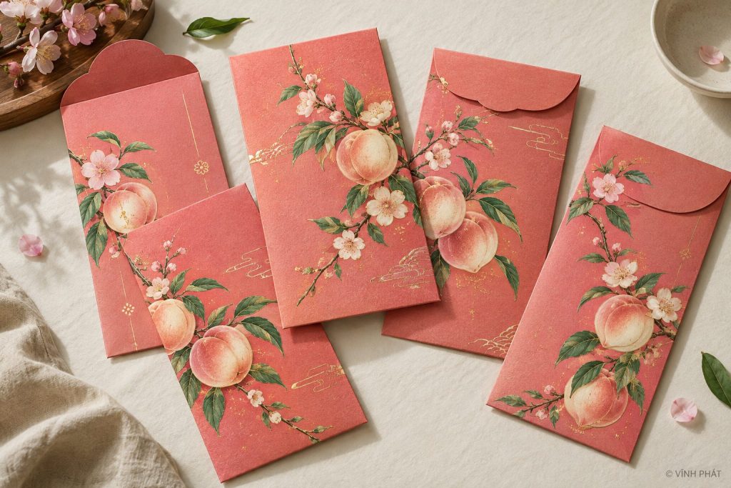 Bao lì xì đào hồng san hô — ảnh minh họa có nhận diện Vĩnh Phát