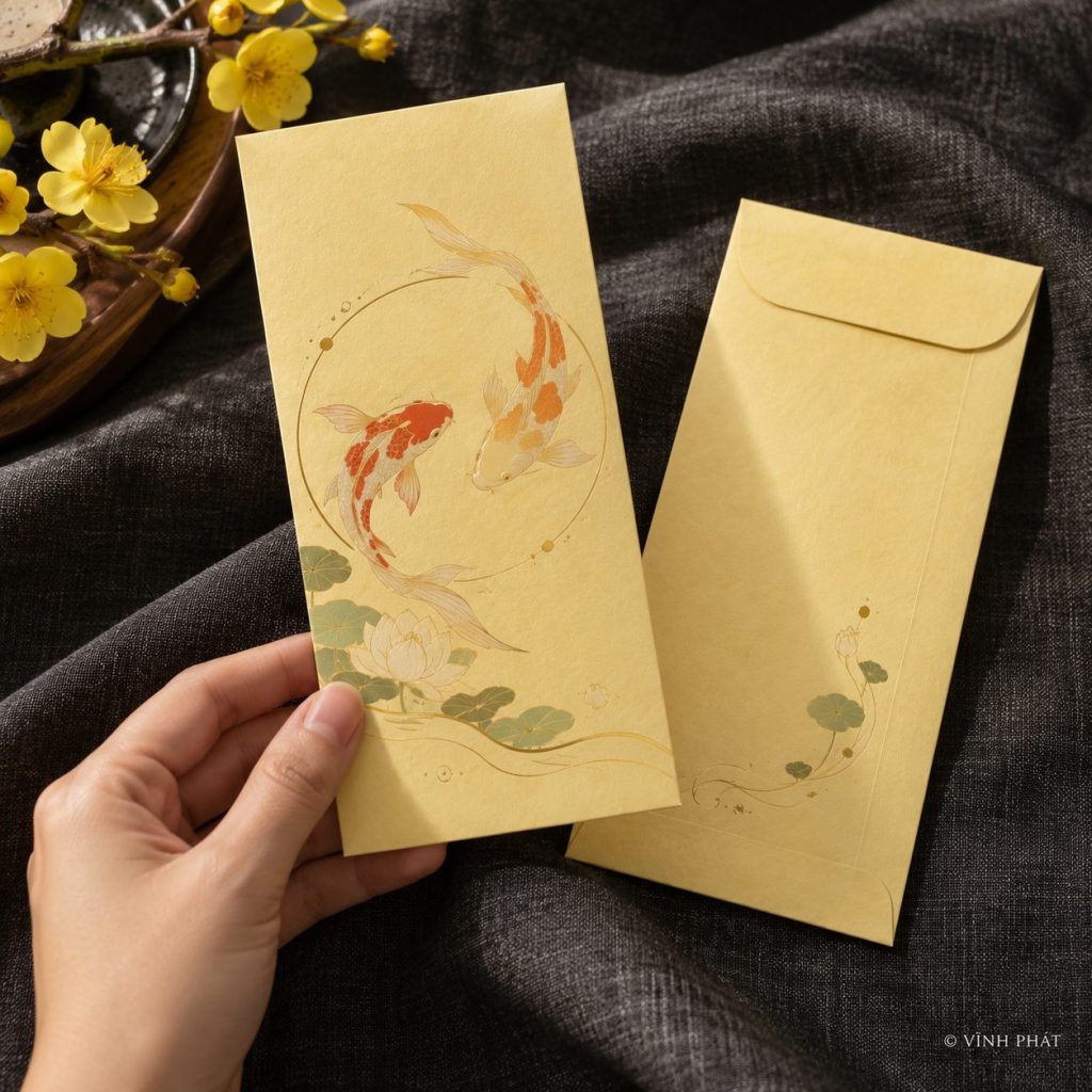 Ảnh minh họa vĩnh phát: lì xì truyền thống, hiện đại; thiết kế giấy và ép kim có bản quyền Vĩnh Phát