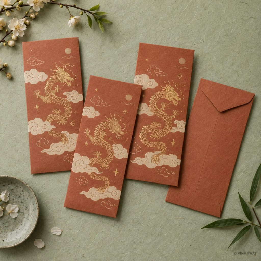 Ảnh minh họa in vĩnh phát: thế giới bao lì xì đa dạng, phong phú; thiết kế giấy và ép kim có bản quyền Vĩnh Phát