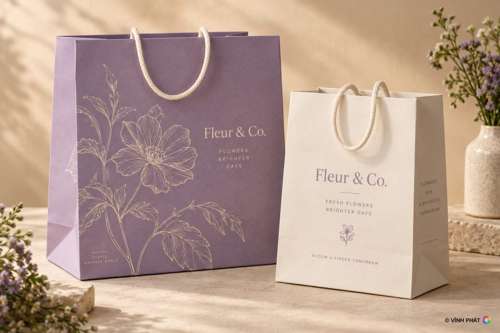 Túi giấy lavender và ivory với thiết kế hoa — ảnh minh họa có bản quyền Vĩnh Phát