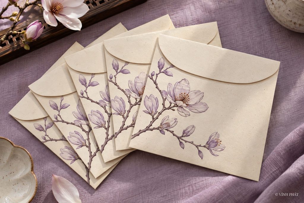 Bao lì xì hoa mộc lan tím — ảnh minh họa có nhận diện Vĩnh Phát