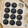 Tấm decal gồm 12 tem tròn xanh navy ép kim vàng, một tem bóc lên, bản quyền Vĩnh Phát trên ảnh