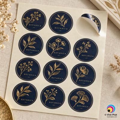 Tấm decal gồm 12 tem tròn xanh navy ép kim vàng, một tem bóc lên, bản quyền Vĩnh Phát trên ảnh