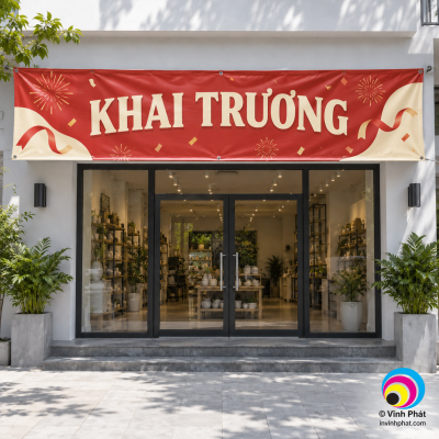 Mẫu in băng rôn khai trương với logo bản quyền Vĩnh Phát ở góc ảnh