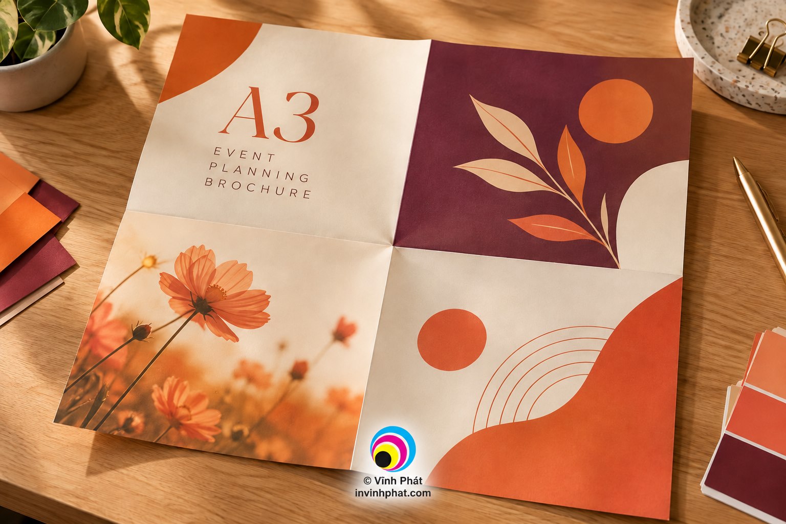 Mẫu in brochure A3 gấp tư trong bối cảnh sử dụng