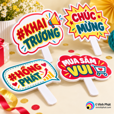 Góc ảnh chi tiết mẫu in hashtag cầm tay khai trương, vật liệu và cấu trúc tham khảo