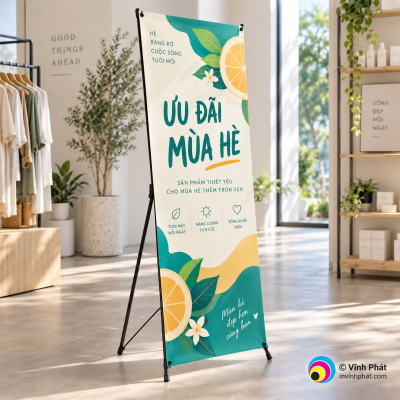 Mẫu in standee chữ X với logo bản quyền Vĩnh Phát ở góc ảnh