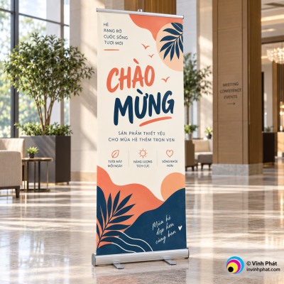 Mẫu in standee cuốn nhôm với logo bản quyền Vĩnh Phát ở góc ảnh
