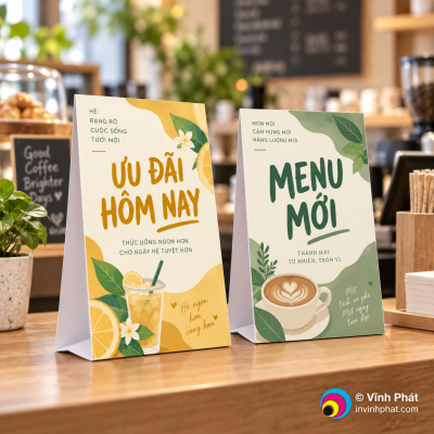Mẫu in standee mini để bàn với logo bản quyền Vĩnh Phát ở góc ảnh