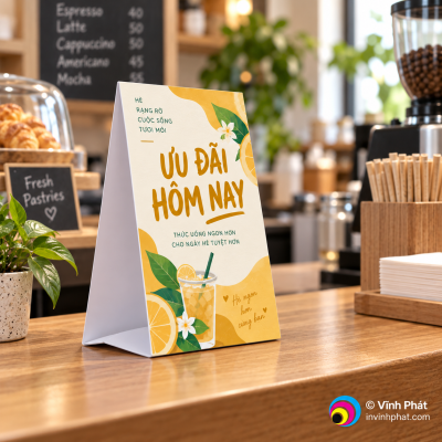 Góc ảnh chi tiết mẫu in standee mini để bàn, vật liệu và cấu trúc tham khảo