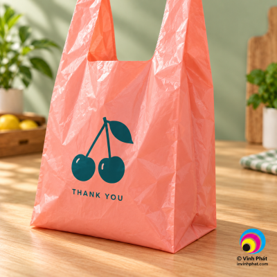 Góc ảnh chi tiết mẫu in túi nilon HDPE quai xách, vật liệu và cấu trúc tham khảo