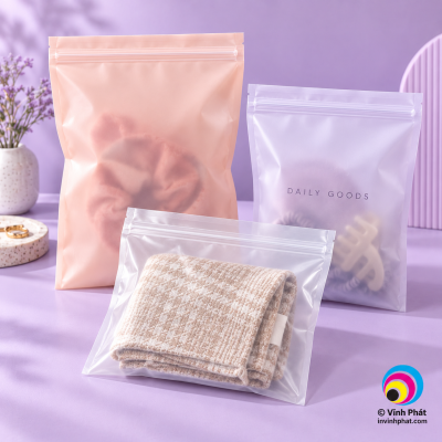 Mẫu in túi zip PE với logo bản quyền Vĩnh Phát ở góc ảnh