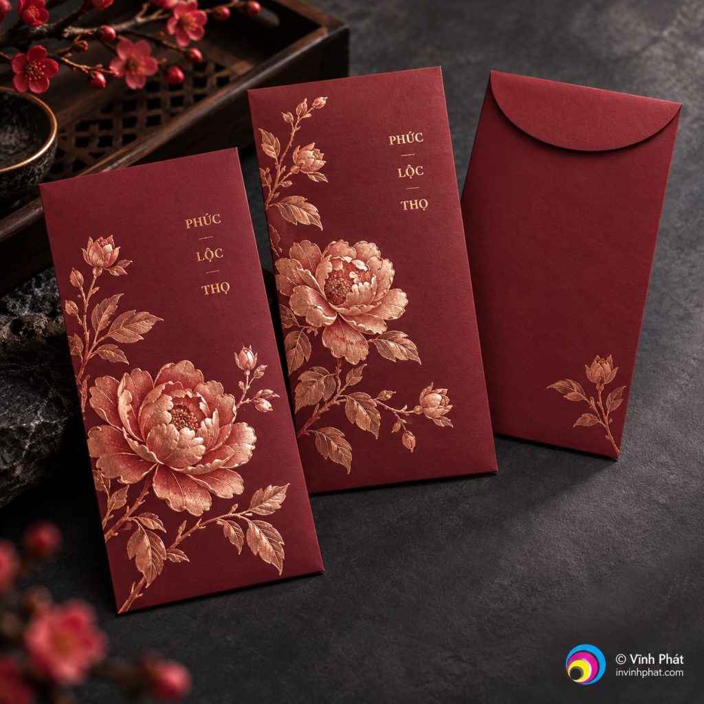 Bao lì xì đỏ rượu họa tiết mẫu đơn — bản quyền ảnh Vĩnh Phát