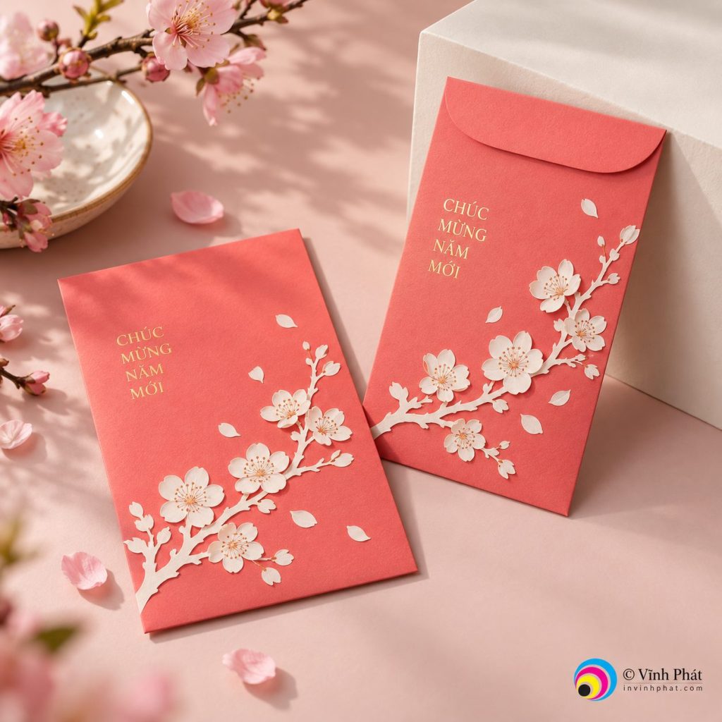 Bao lì xì hồng san hô họa tiết hoa đào — bản quyền ảnh Vĩnh Phát