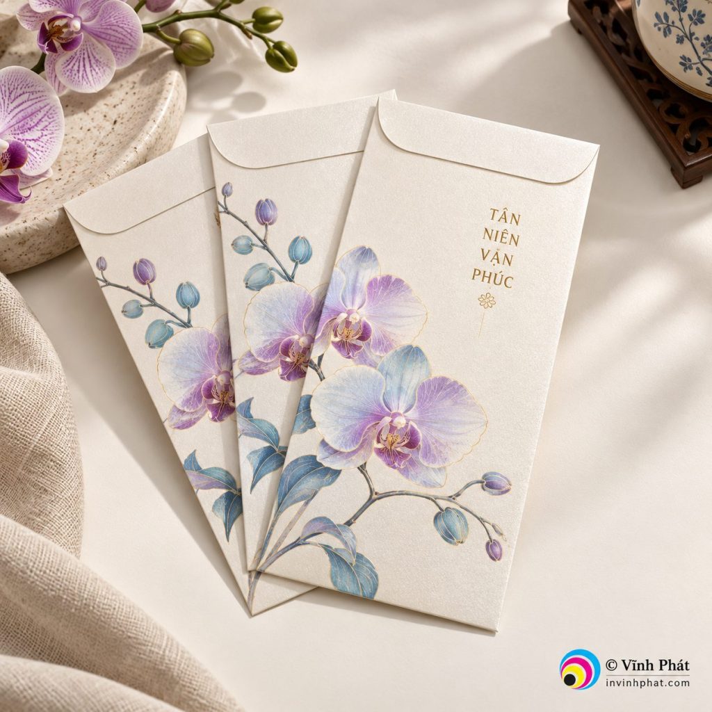 Bao lì xì trắng ngà họa tiết lan — bản quyền ảnh Vĩnh Phát