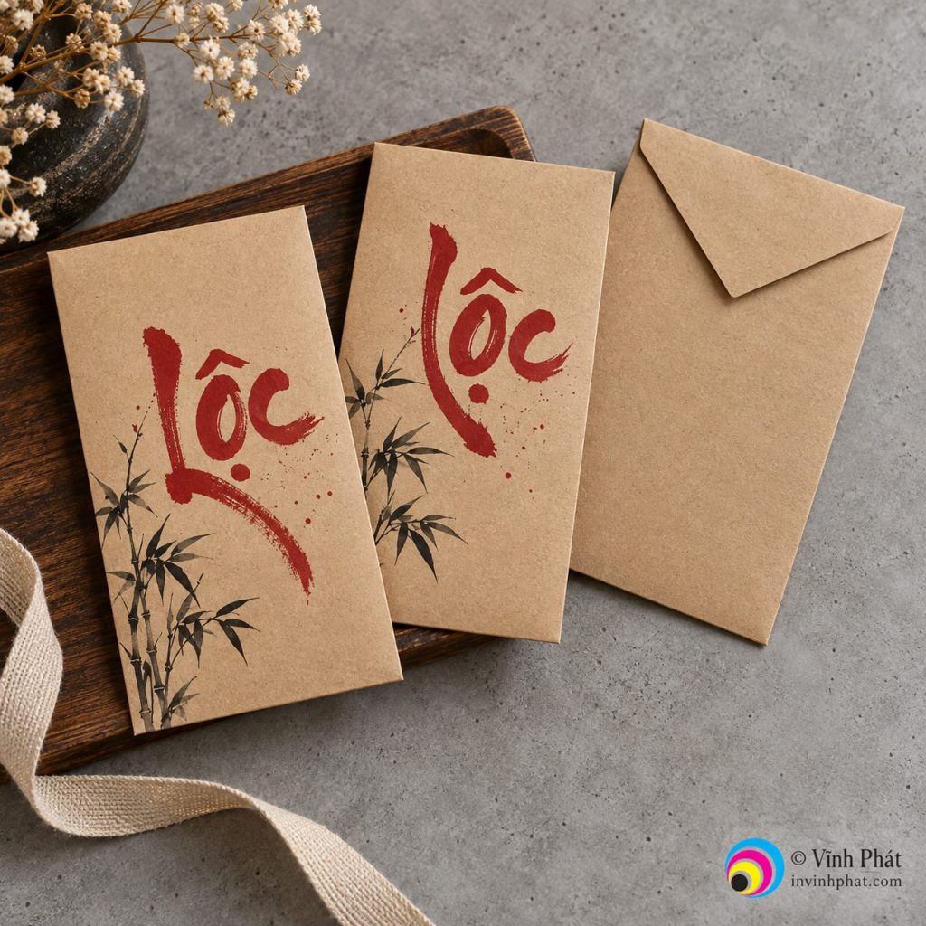 Bao lì xì giấy kraft chữ lộc — bản quyền ảnh Vĩnh Phát