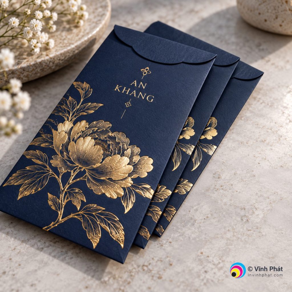 Bao lì xì xanh navy họa tiết mẫu đơn — bản quyền ảnh Vĩnh Phát
