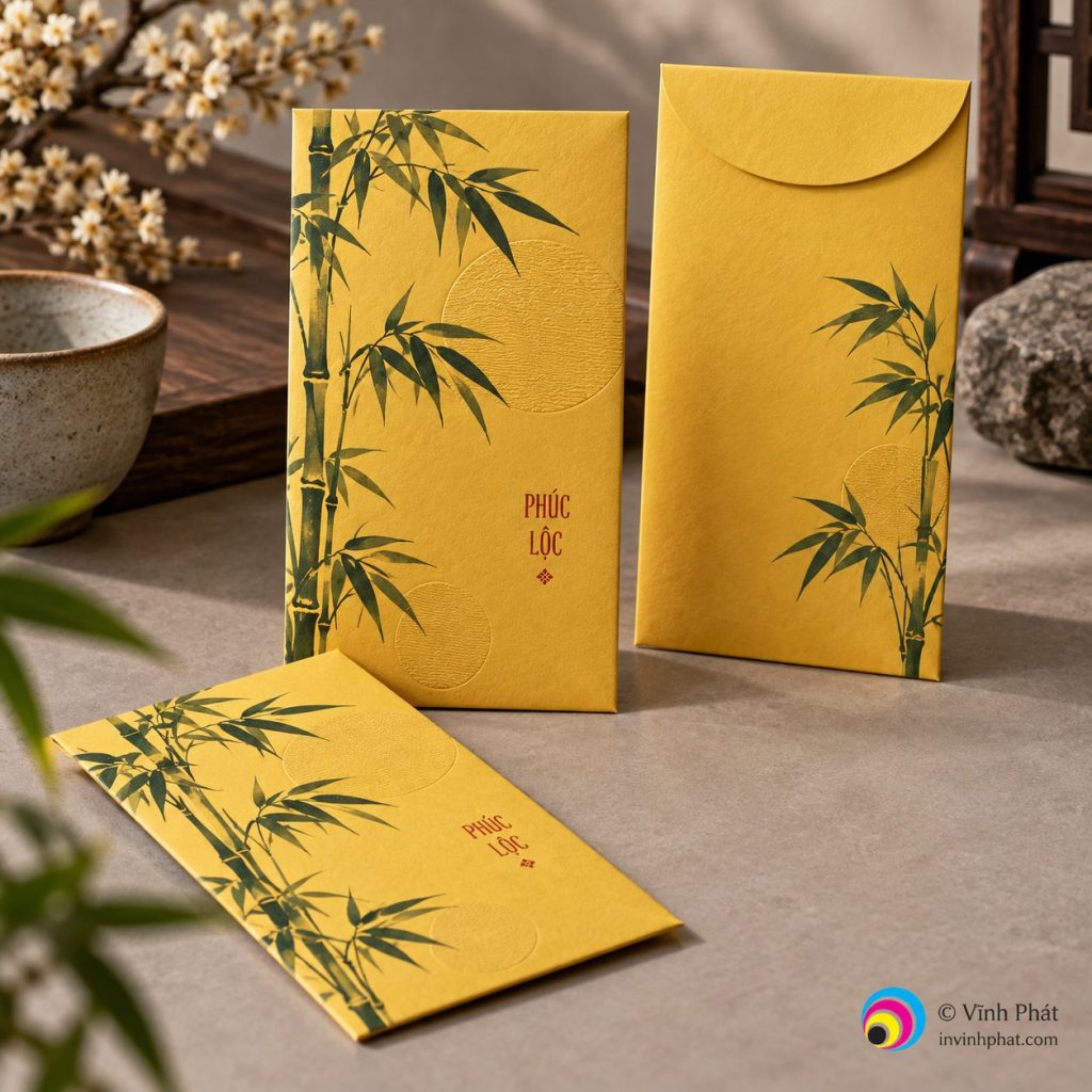 Bao lì xì vàng họa tiết tre — bản quyền ảnh Vĩnh Phát