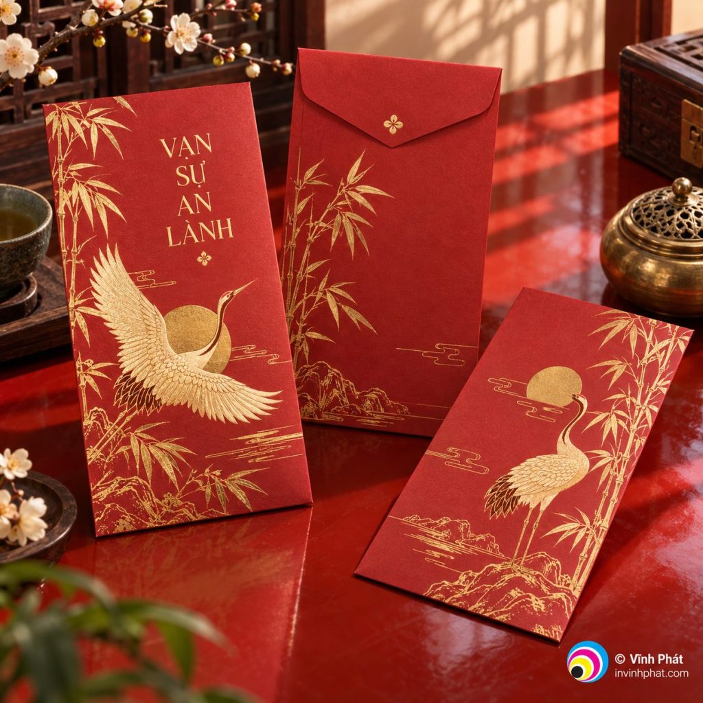 Bao lì xì đỏ họa tiết hạc ép kim — bản quyền ảnh Vĩnh Phát