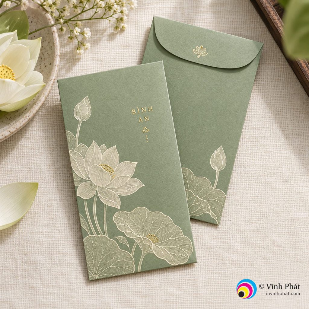 Bao lì xì xanh lá họa tiết sen — bản quyền ảnh Vĩnh Phát